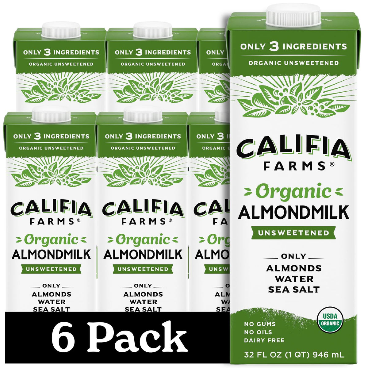Califia Farms Organic Unsweetened Almond Milk, 32 oz (Pack of 6)