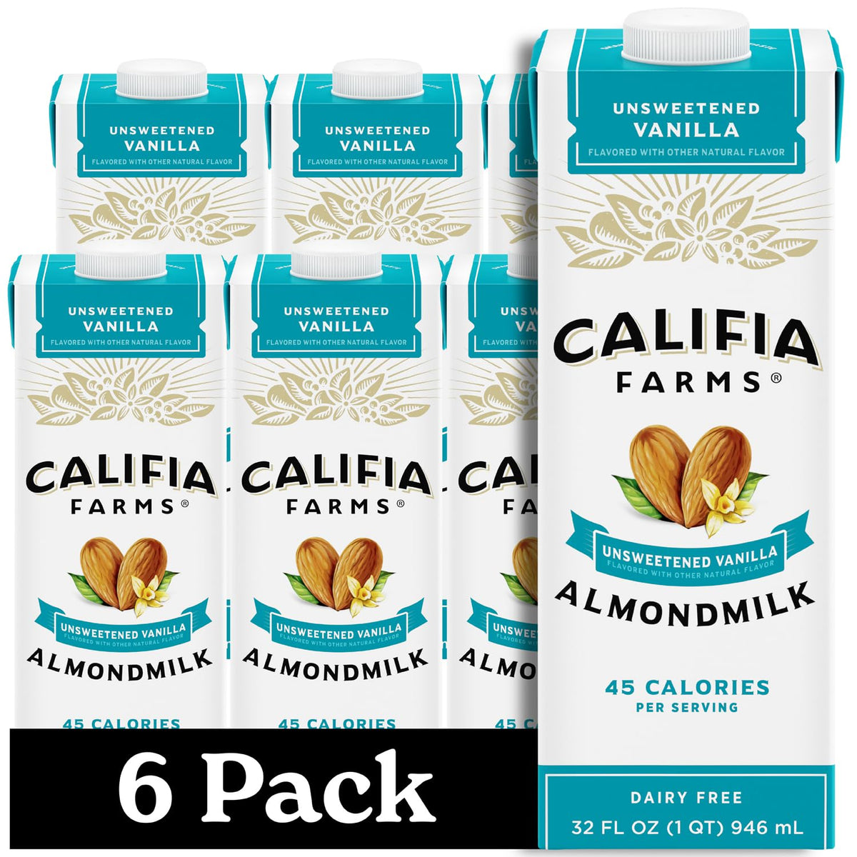 Califia Farms Unsweetened Vanilla Almond Milk – 32oz (Pack of 6) | Dairy Free, Sugar Free, Vegan