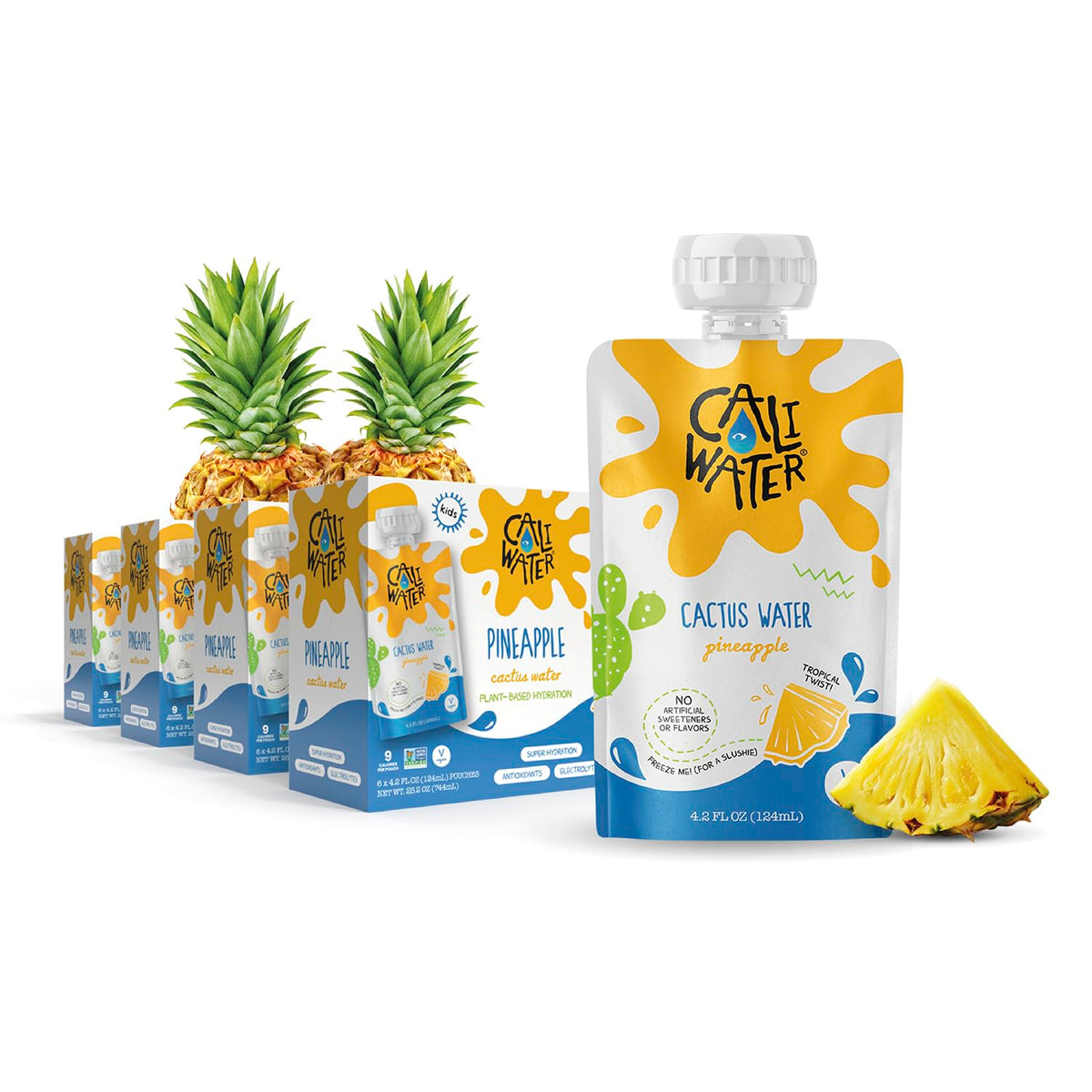CALIWATER Kids Organic Cactus Water Pouches – Pineapple, 10 Calories, Plant-Based Hydration, Electrolytes, 24 Count