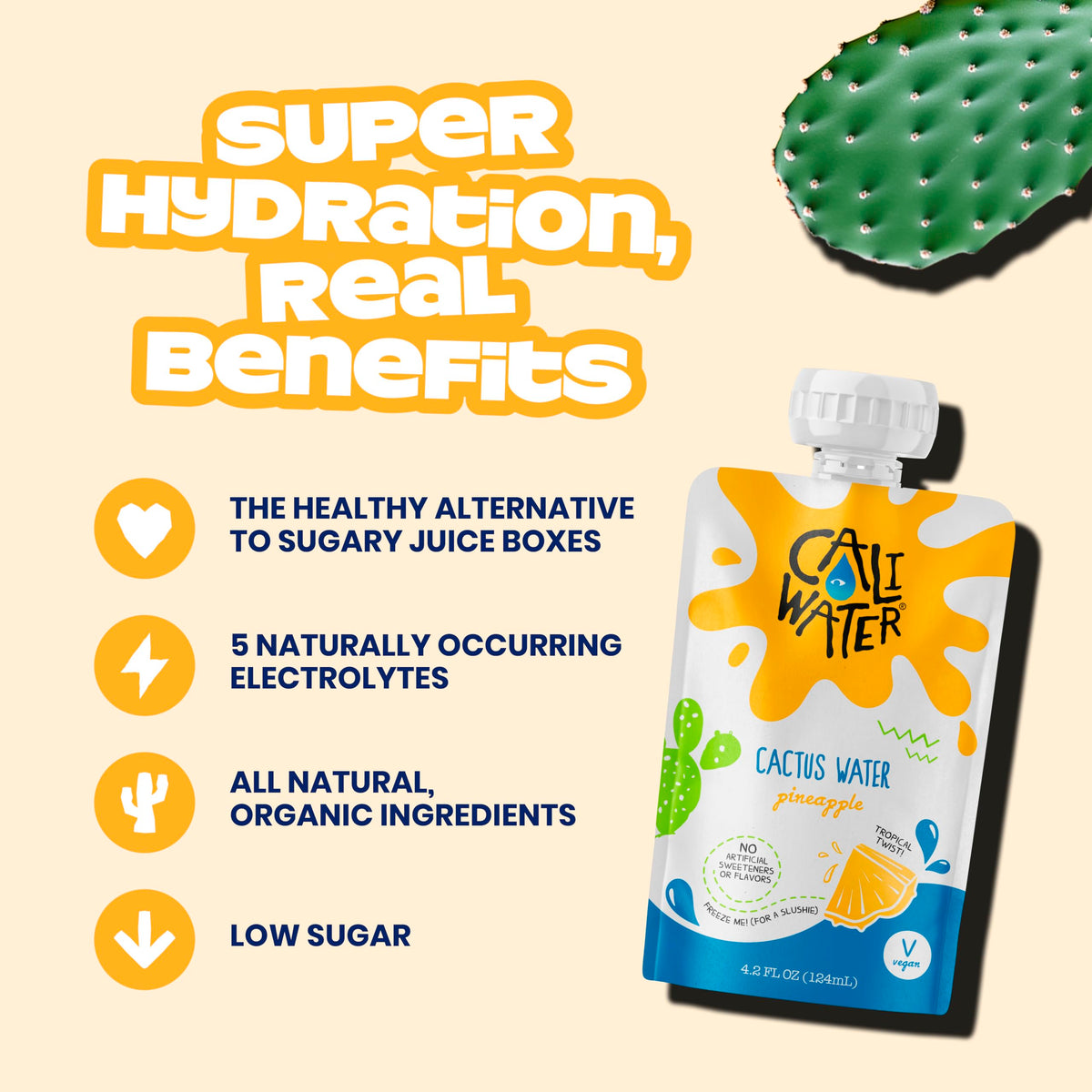 CALIWATER Kids Organic Cactus Water Pouches – Pineapple, 10 Calories, Plant-Based Hydration, Electrolytes, 24 Count