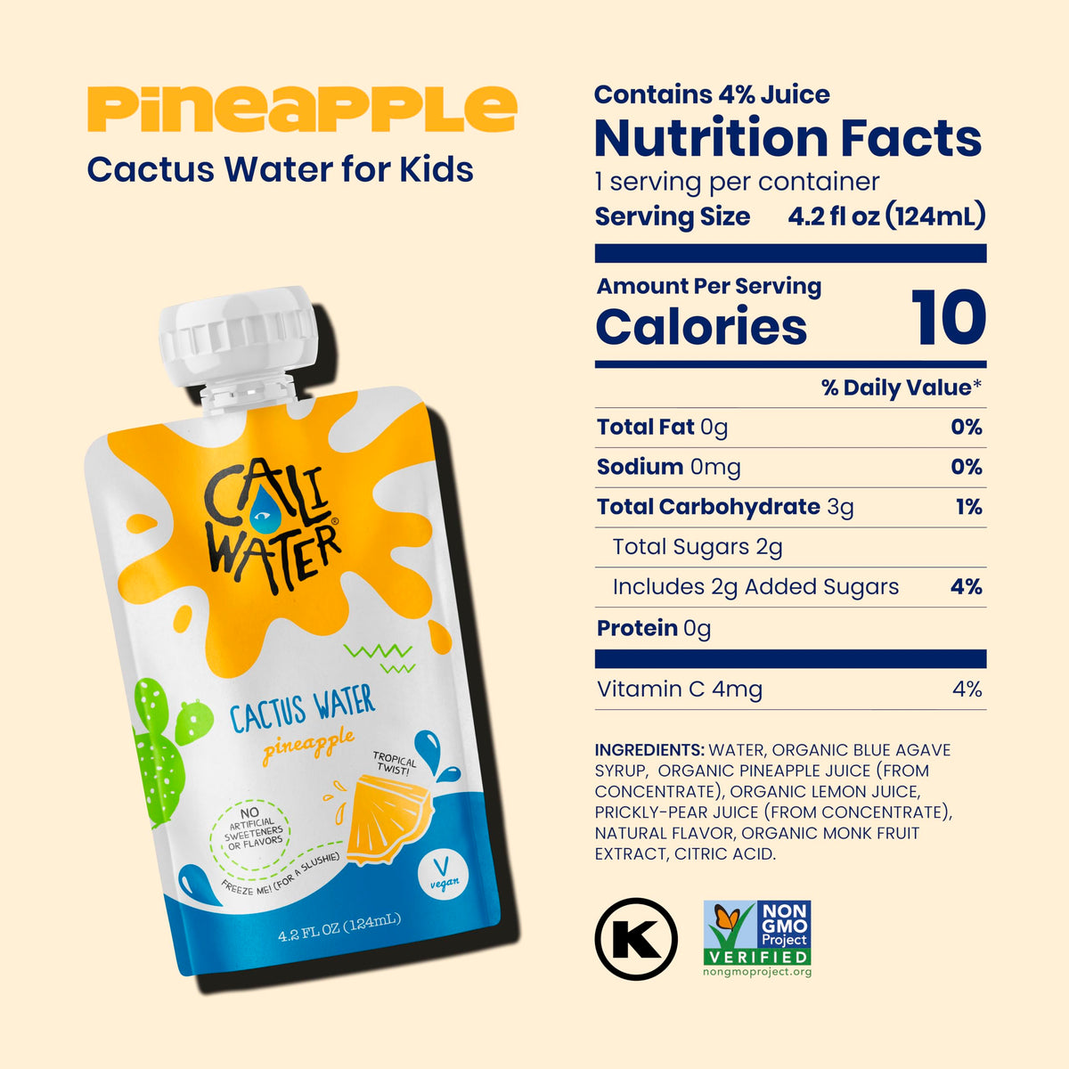 CALIWATER Kids Organic Cactus Water Pouches – Pineapple, 10 Calories, Plant-Based Hydration, Electrolytes, 24 Count