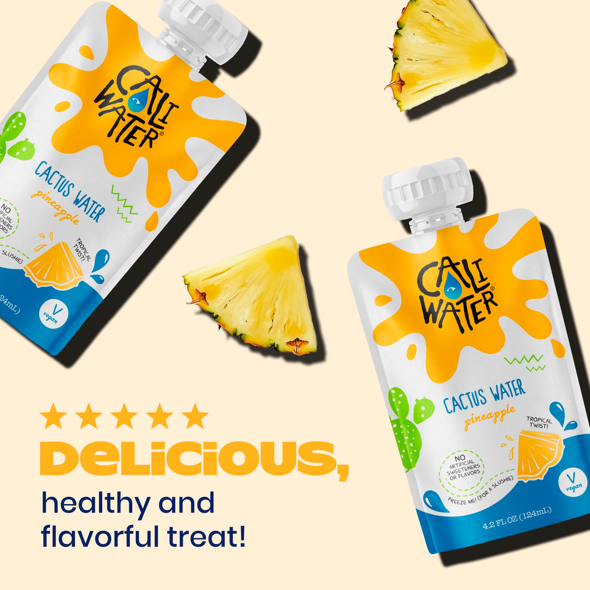 CALIWATER Kids Organic Cactus Water Pouches – Pineapple, 10 Calories, Plant-Based Hydration, Electrolytes, 24 Count