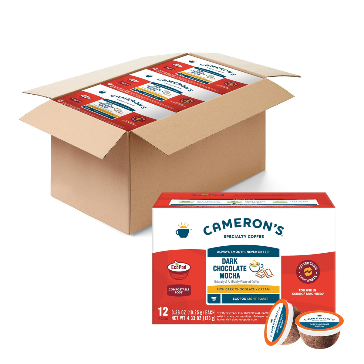 Cameron's Coffee Dark Chocolate Mocha Pods — Light Roast, 100% Arabica, 12-Count (Pack of 6)