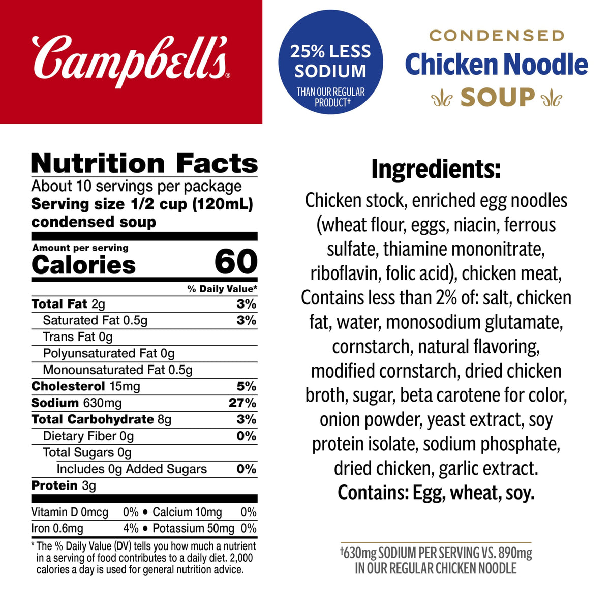 Campbell’s Condensed 25% Less Sodium Chicken Noodle Soup, 10.75 oz Can – 24 Pack