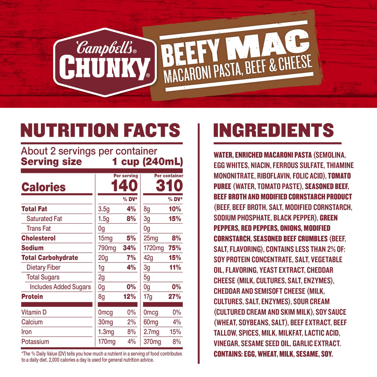 Campbell’s Chunky Beefy Mac Soup – 18.8 oz Can (12 Pack) | Hearty, Protein-Packed Comfort
