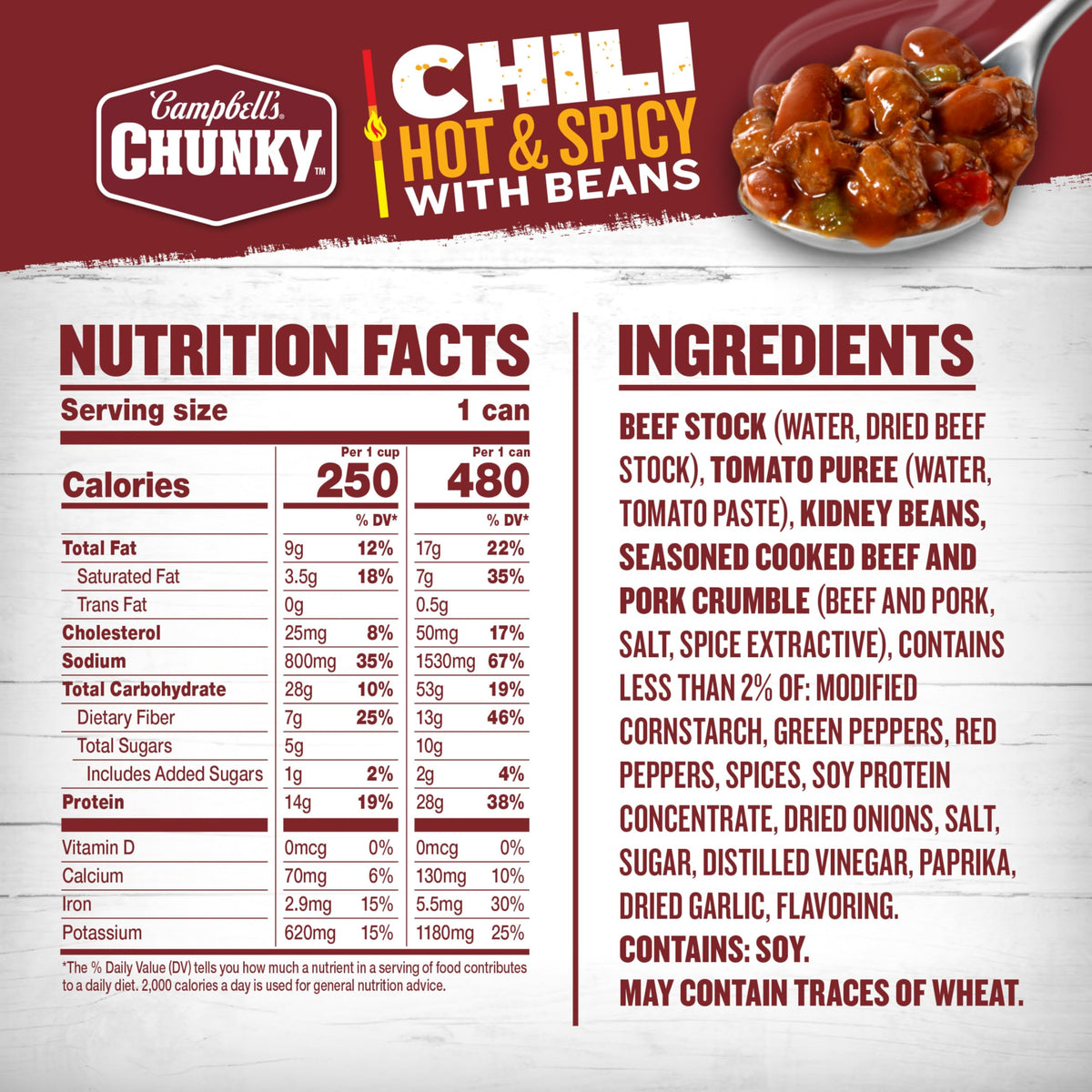 Campbell’s Chunky Hot and Spicy Chili With Beans – 16.5 oz Can (Pack of 12) | 28g Protein