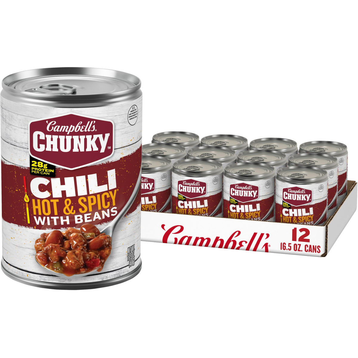 Campbell’s Chunky Hot and Spicy Chili With Beans – 16.5 oz Can (Pack of 12) | 28g Protein