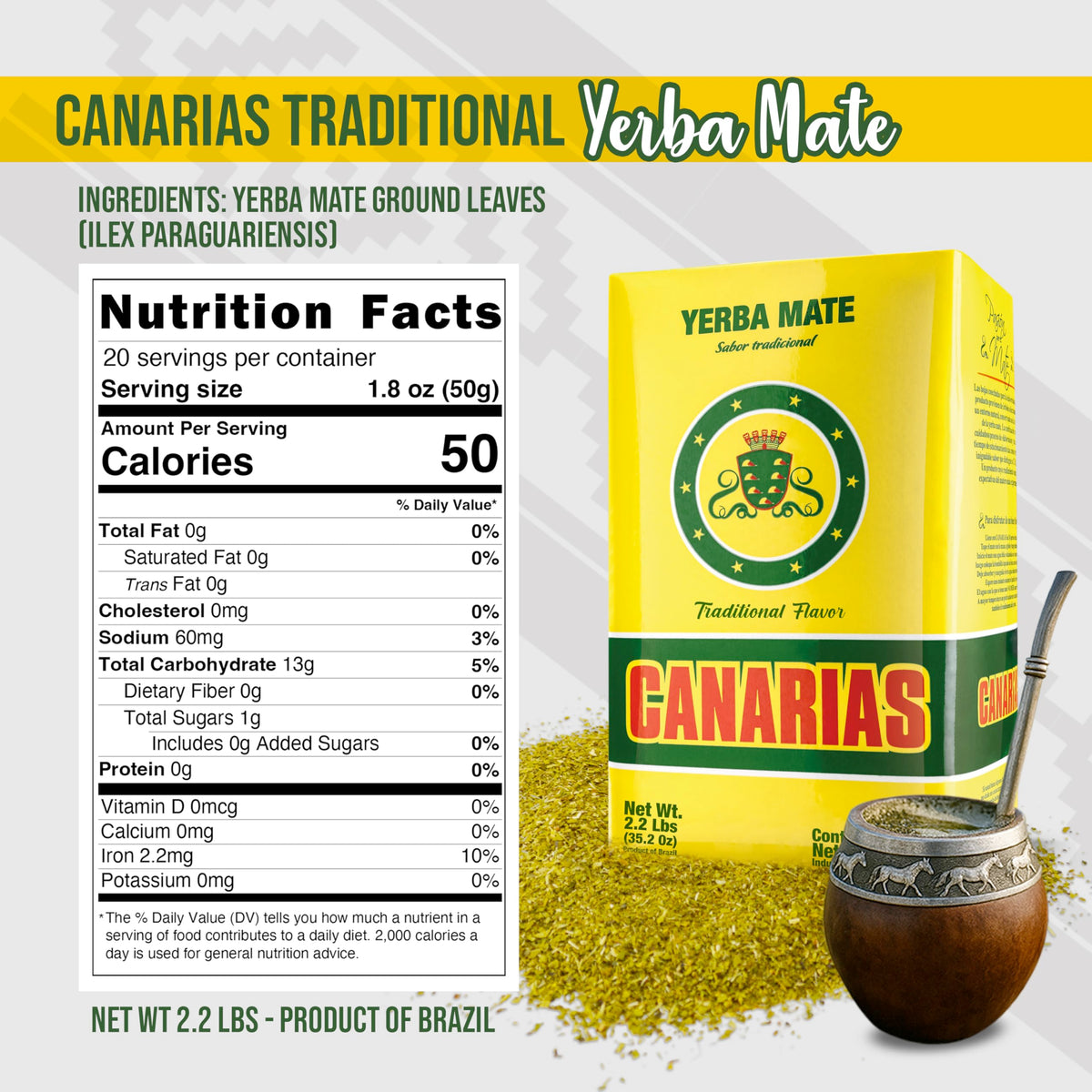 Canarias Yerba Mate Traditional 2.2 lb – Pack of 3 – Sin Palo, Strong Full-Bodied Flavor