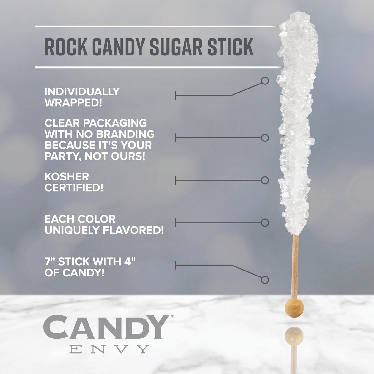 Candy Envy Rock Candy Sticks — Light Pink & White, Cherry & Original Sugar, 36-Pack