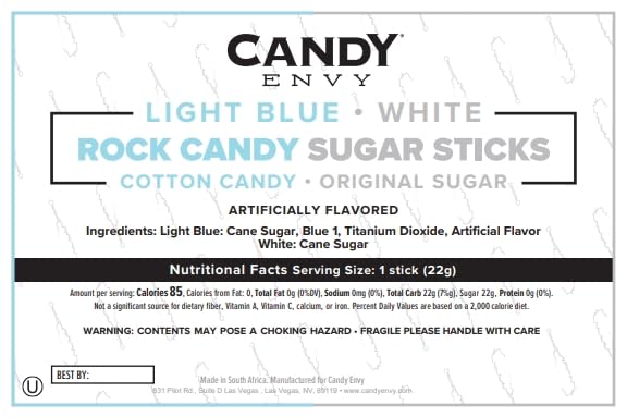 Candy Envy Rock Candy Sticks – Light Blue & White, 36-Pack (Cotton Candy & Original Sugar)