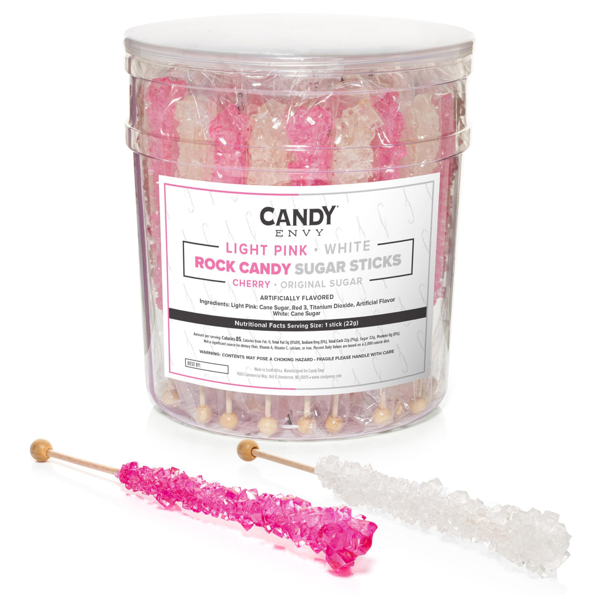 Candy Envy Rock Candy Sticks — Light Pink & White, Cherry & Original Sugar, 36-Pack