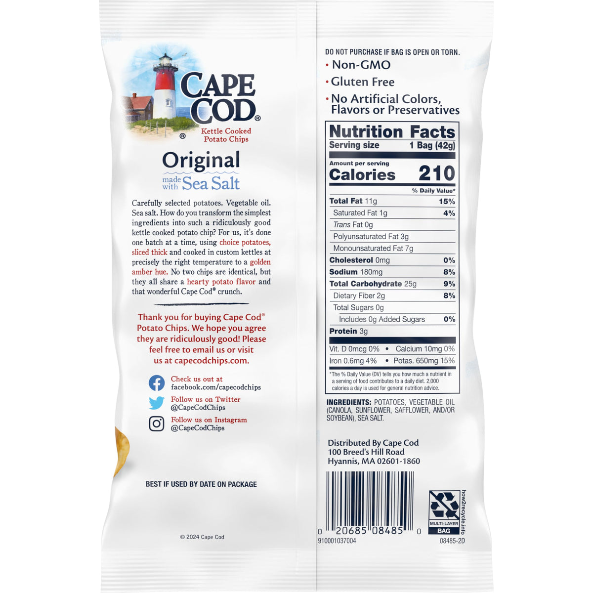 Cape Cod Original Kettle Cooked Potato Chips – 1.5 oz Snack Bags (56 Count)