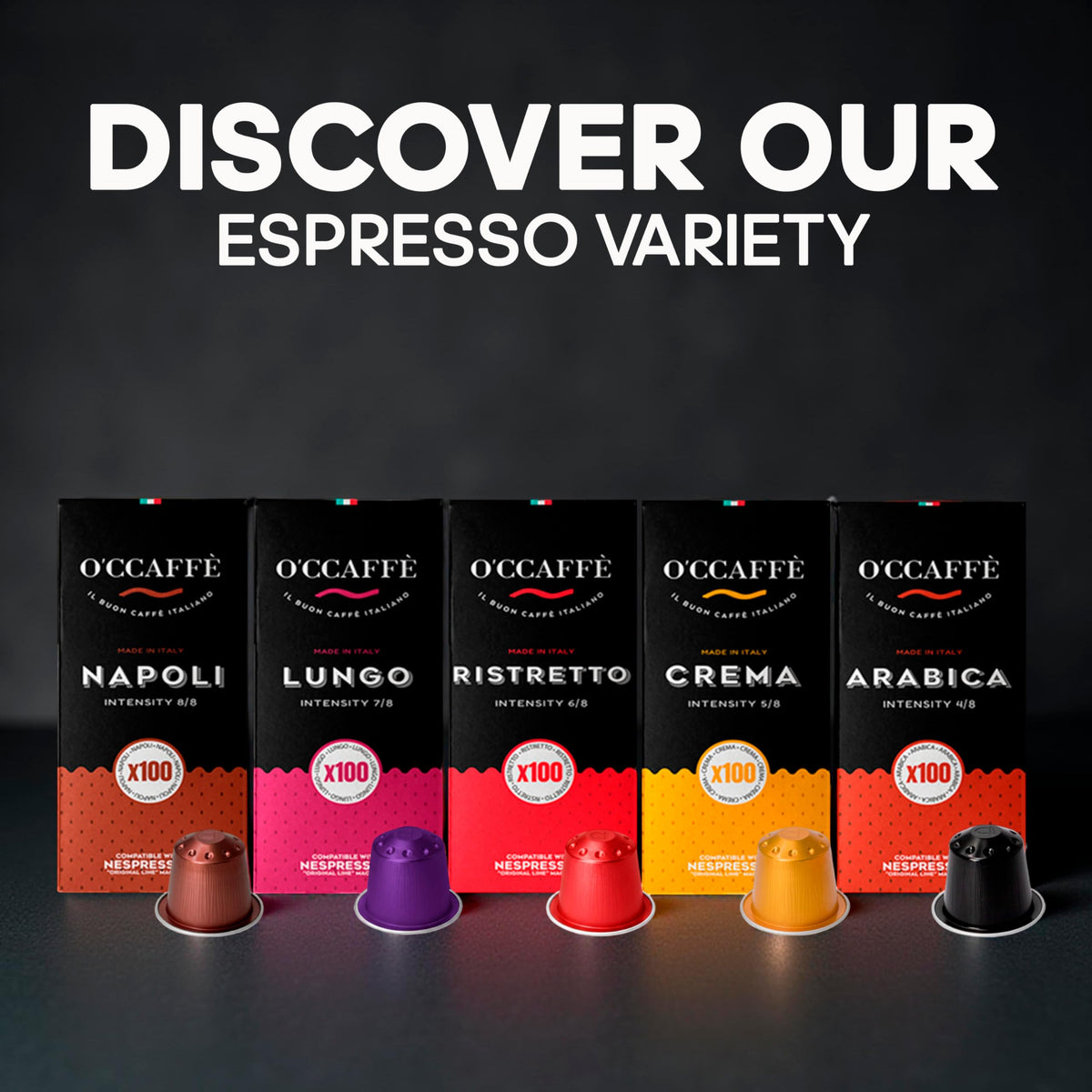 Occaffe Variety Pack Espresso Pods | CAPSUCUP SELECTION 100-Count Espresso Capsules for Nespresso