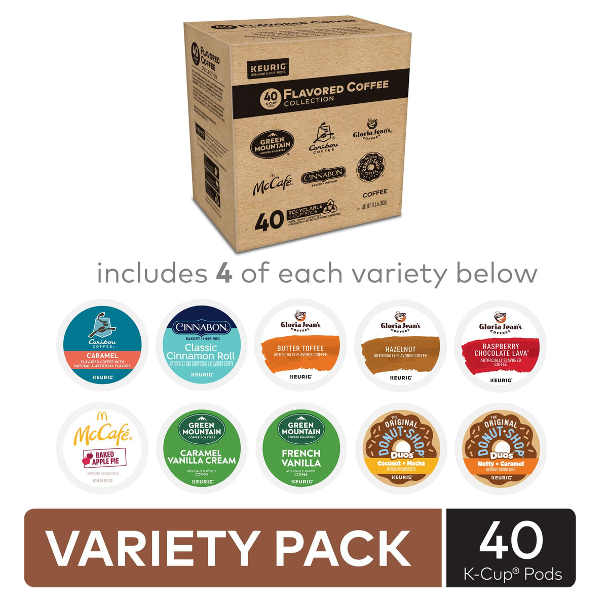 Keurig Flavored Coffee Variety Pack — 40 K-Cup Pods, 10 Flavors, 6 Brands