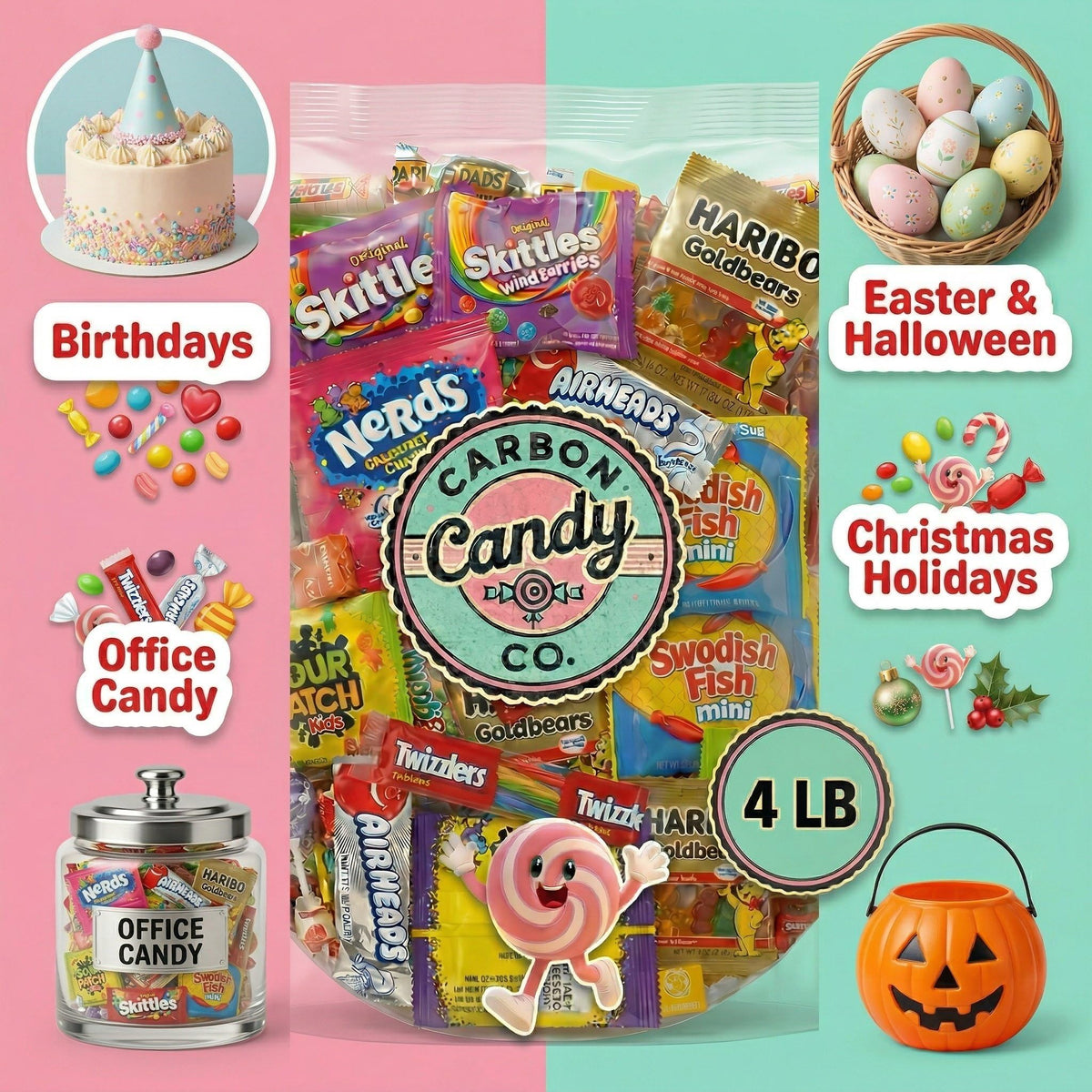 Carbon Candy Co. Bulk Candy Variety Pack — 4 lb, Individually Wrapped Assorted Mix for Parties | Mother's Day
