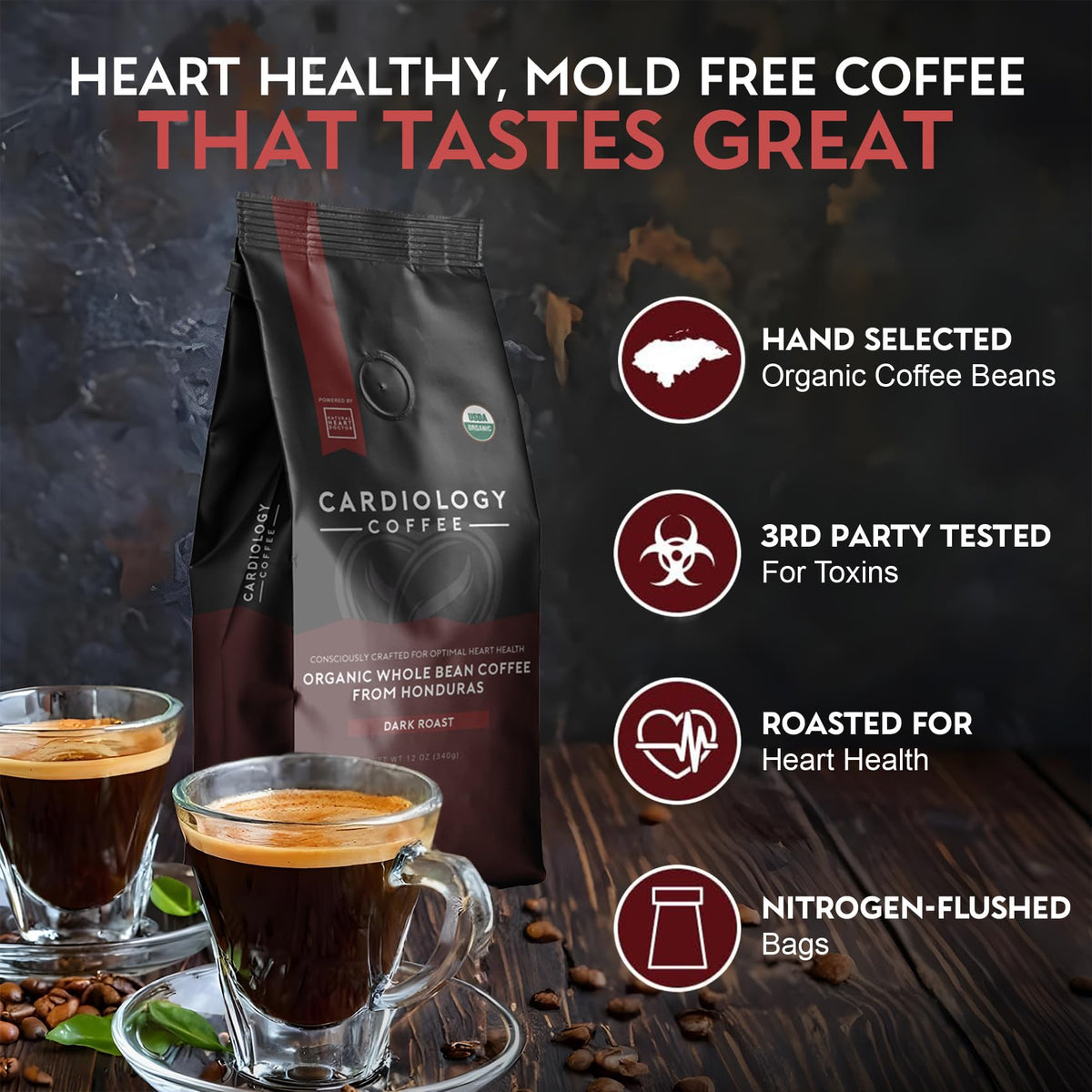 Cardiology Coffee – Organic Mold-Free Whole Bean Dark Roast 12oz | Heart-Healthy & Antioxidant-Rich
