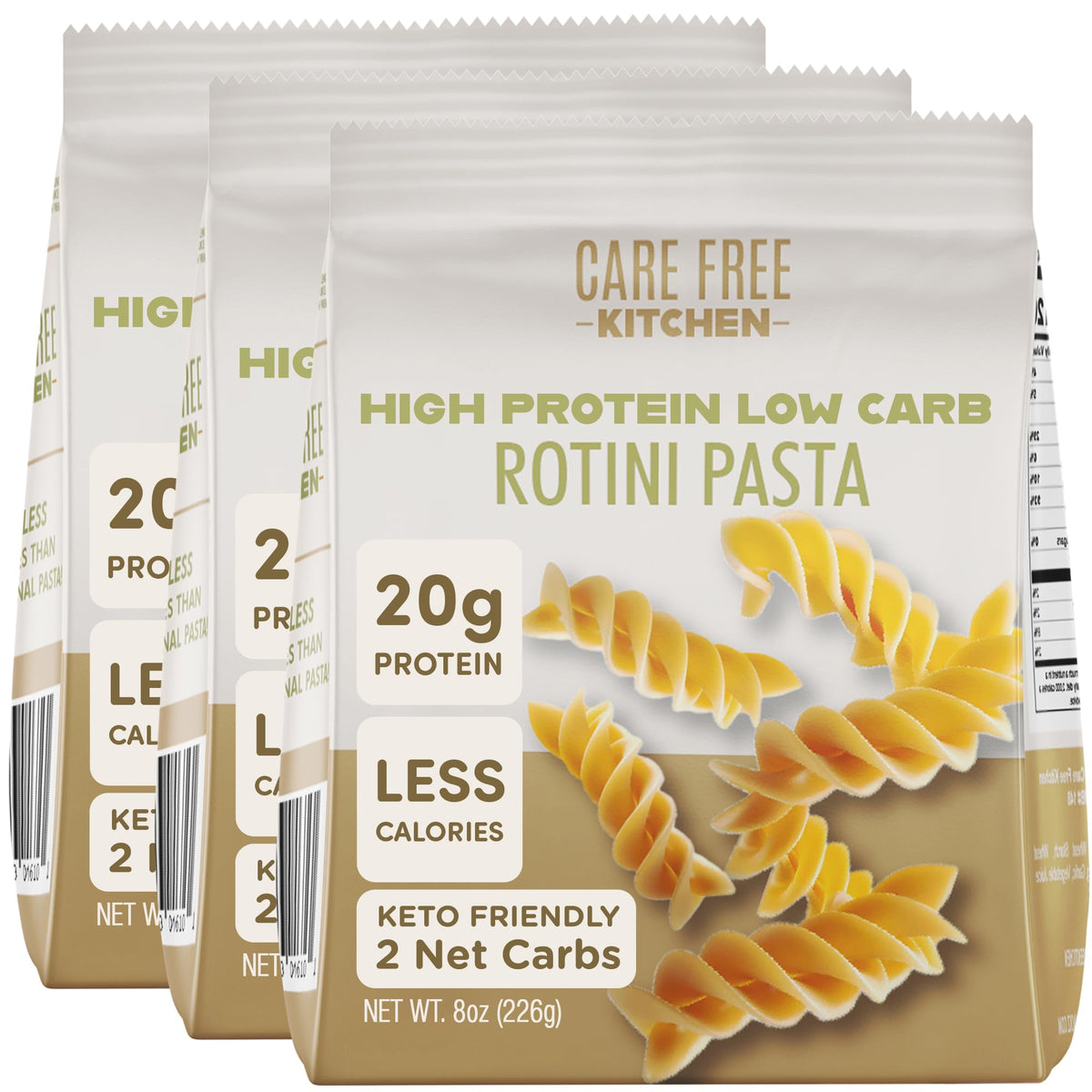 Care Free Kitchen Plain Rotini Keto Pasta Noodles – 3-Pack, 20g Protein, 2g Net Carbs, 26g Fiber