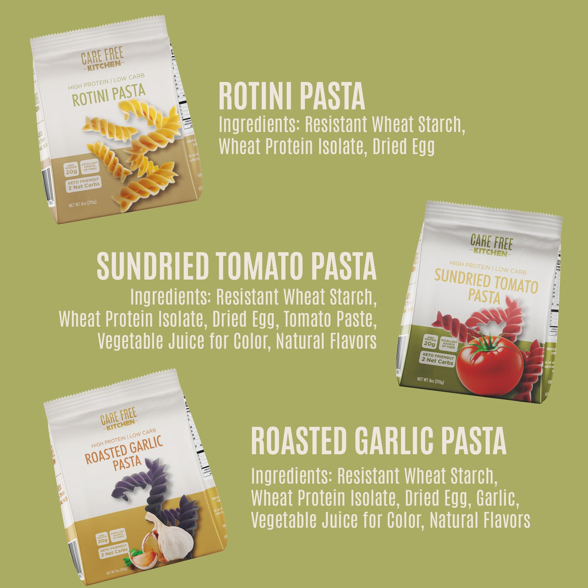 Care Free Kitchen Rotini Keto Pasta Noodles 3-Pack | 20g Protein, 2g Net Carbs, 26g Fiber