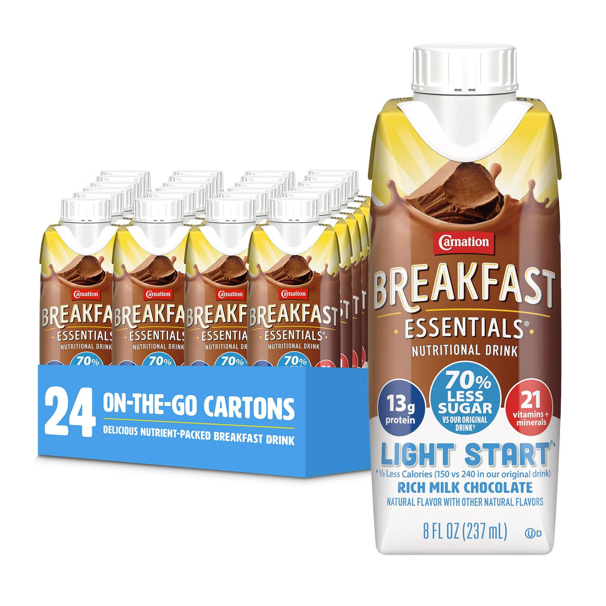Carnation Breakfast Essentials Light Start Ready-to-Drink Milk Chocolate – 8 Fl Oz Carton (Pack of 24)