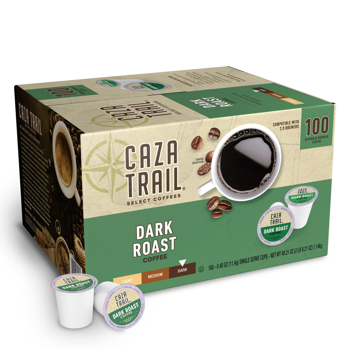 Caza Trail Coffee Pods Dark Roast, Single Serve (Pack of 100) | Kosher Certified