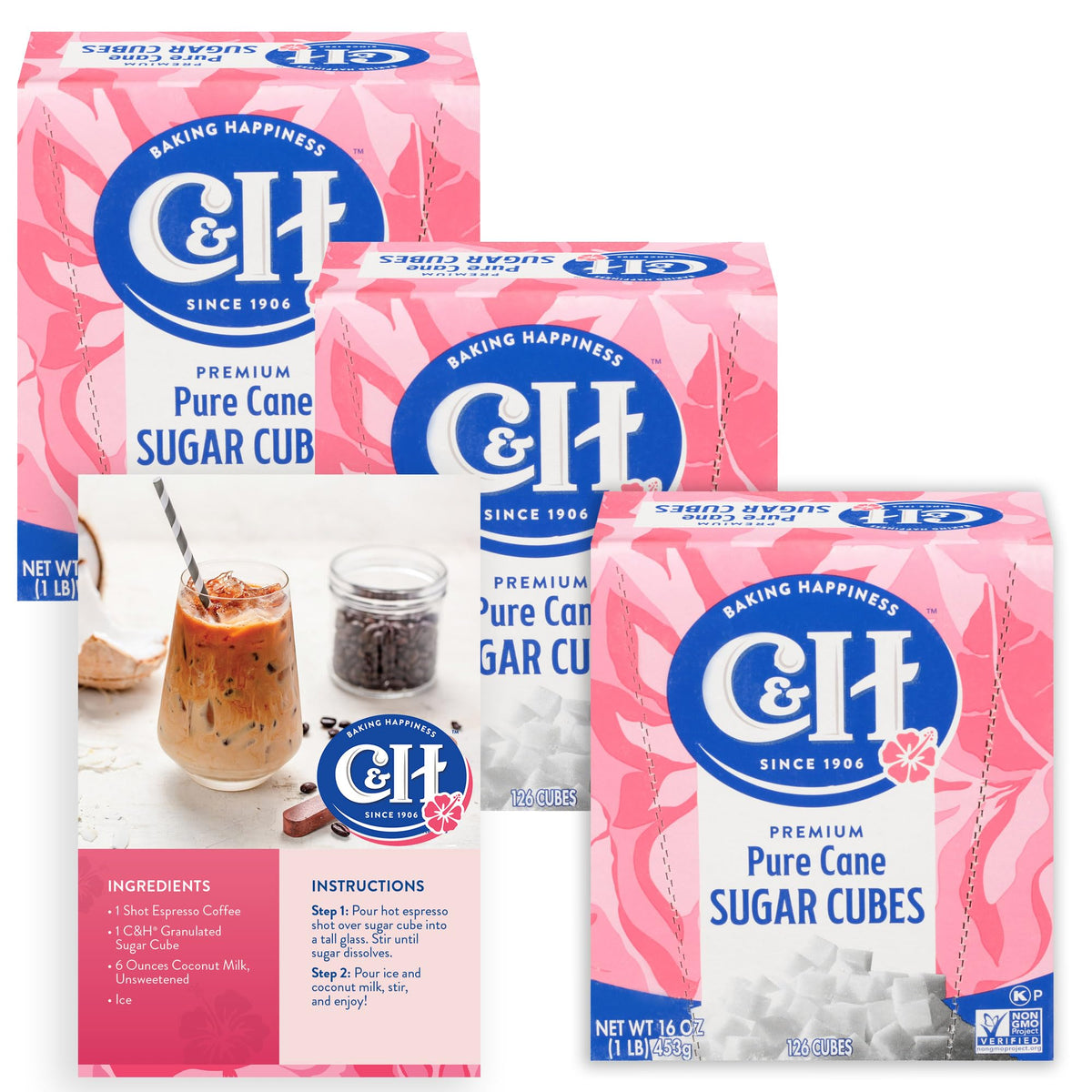 C&H Premium Pure Cane Sugar Cubes — 1 lb Boxes (Pack of 3) for Coffee & Tea, Portion Control