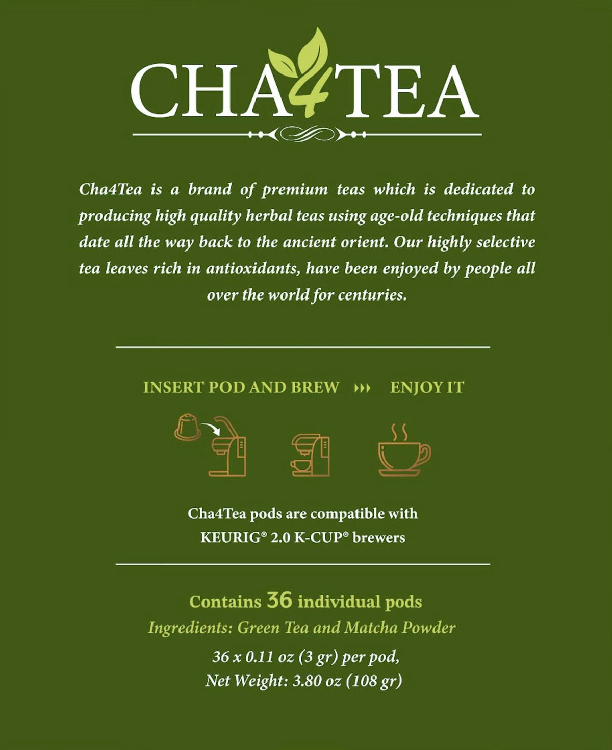 Cha4TEA 36-Count Matcha Green Tea Pods for Keurig – Authentic Japanese Matcha