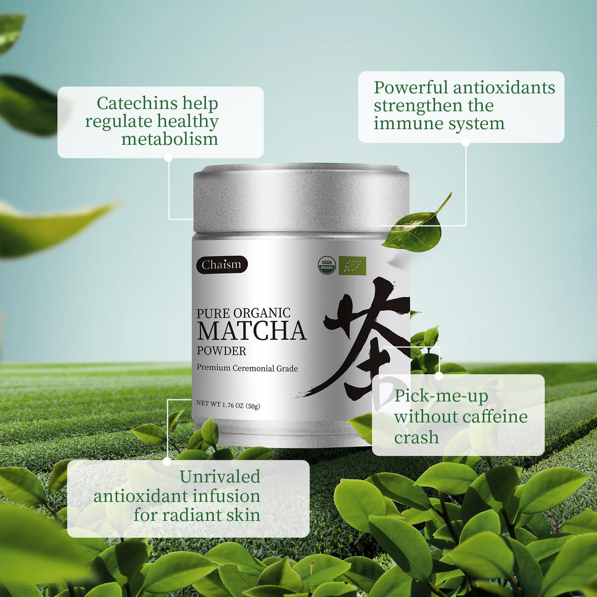 Chaism Ceremonial Grade Matcha Green Tea Powder – USDA Organic, 1.76 oz Tin, First Harvest