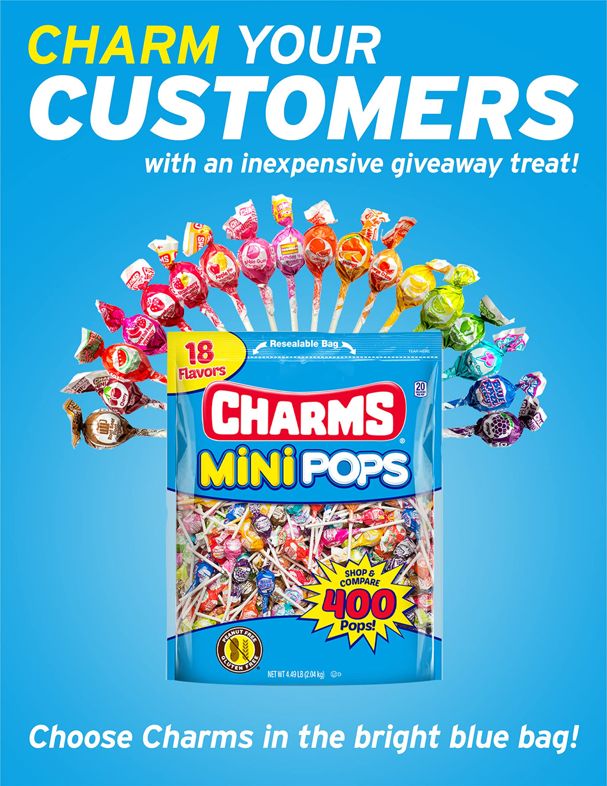 Charms Mini Pops – 4.5 lb Bag of 400 Fruity Hard Candy Lollipops in 18 Flavors | Gluten Free & Peanut Free | Tootsie Roll