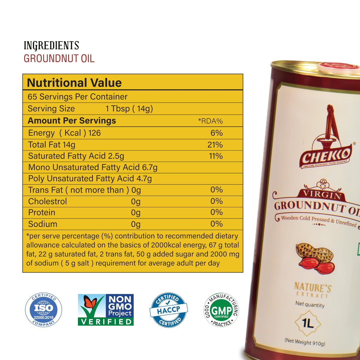 Chekko Cold Pressed Peanut Oil 5 L - Unrefined Groundnut Oil, High Smoke Point, Non-GMO