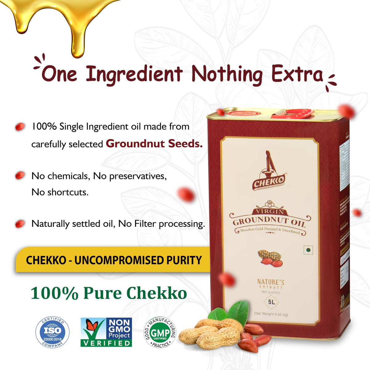 Chekko Cold Pressed Peanut Oil 5 L - Unrefined Groundnut Oil, High Smoke Point, Non-GMO