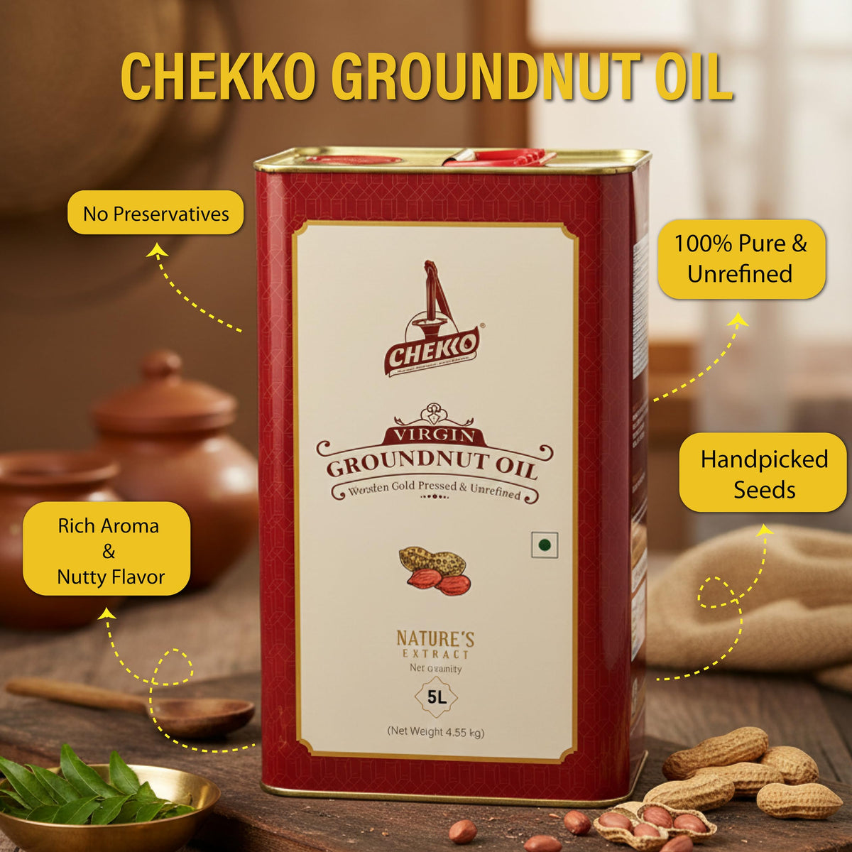 Chekko Cold Pressed Peanut Oil 5 L - Unrefined Groundnut Oil, High Smoke Point, Non-GMO