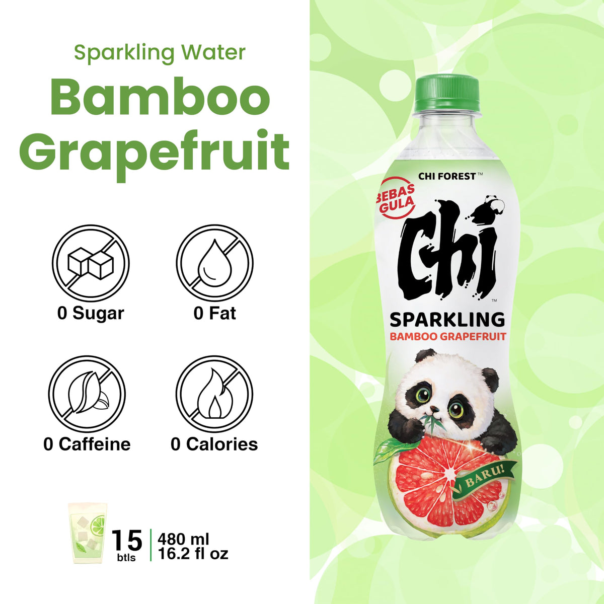 CHI FOREST Bamboo Grapefruit Flavored Sparkling Water – Zero Sugar, 16.2 fl oz Bottles (Pack of 15)