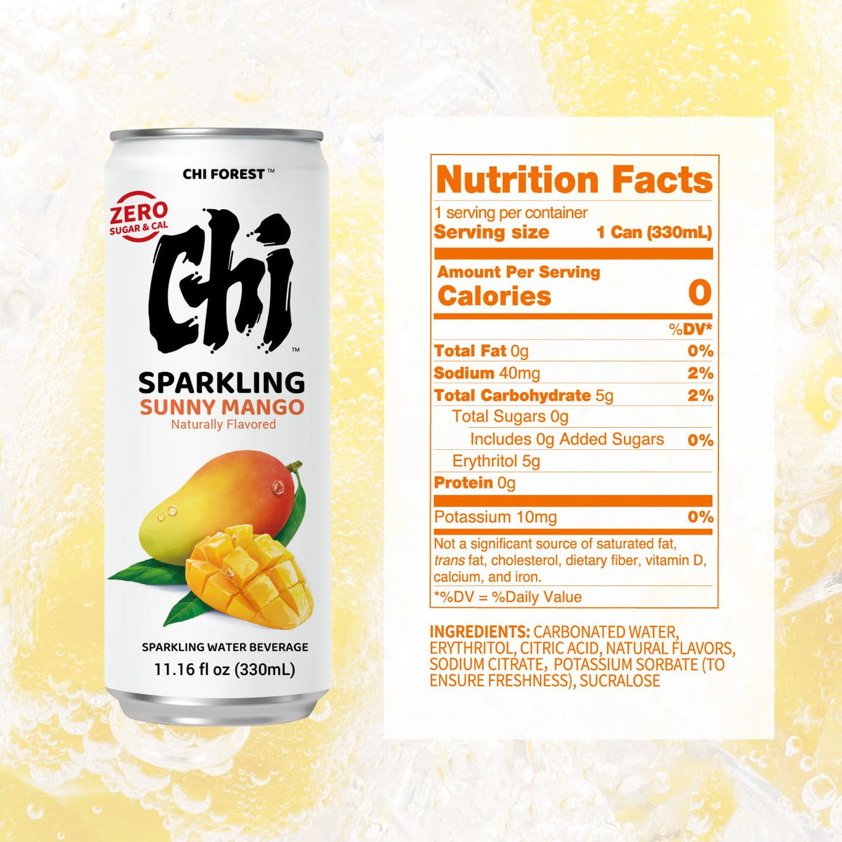CHI FOREST Mango Sparkling Water: Zero Sugar, Zero Artificial Flavor, 11.16 fl oz Cans (24 Pack)