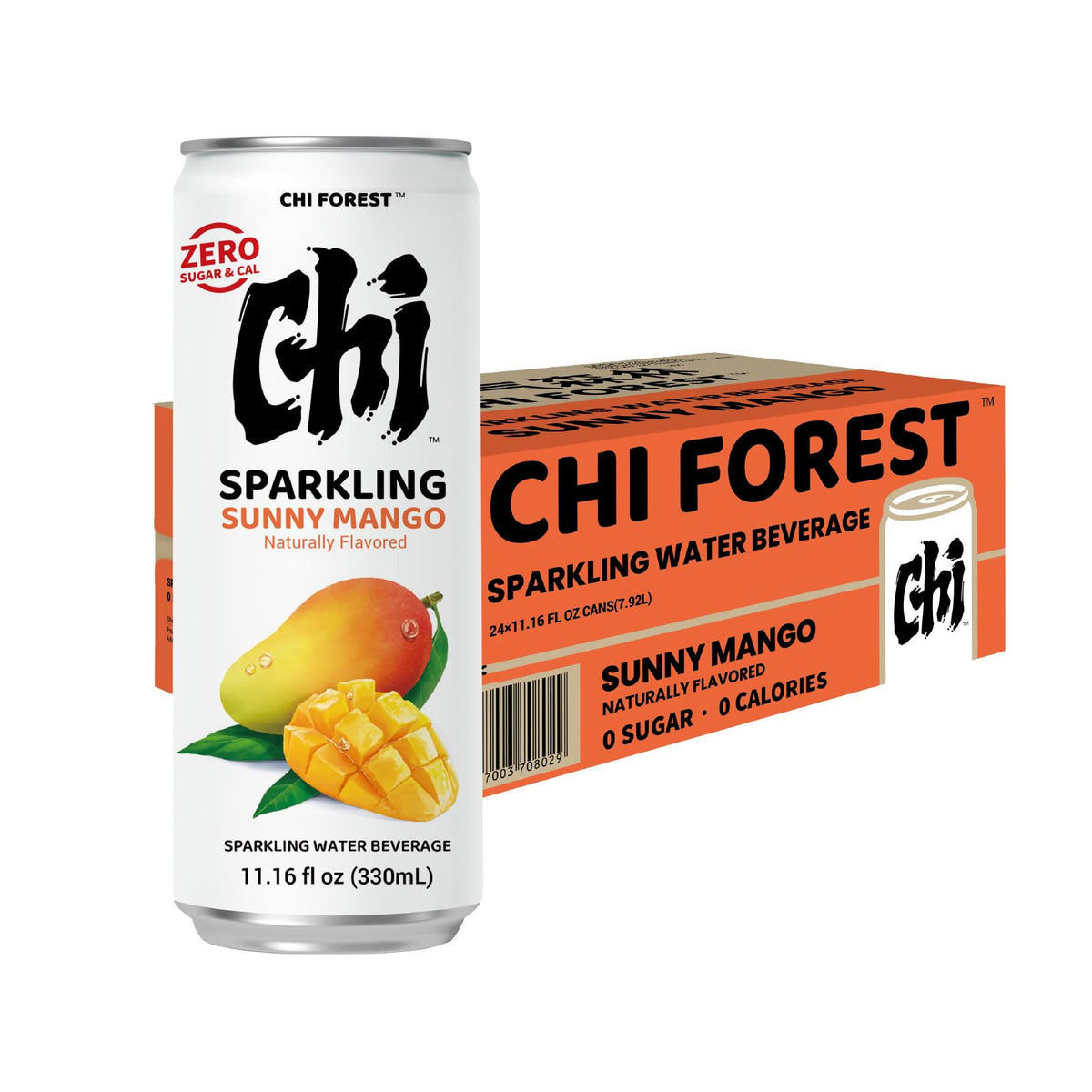 CHI FOREST Mango Sparkling Water: Zero Sugar, Zero Artificial Flavor, 11.16 fl oz Cans (24 Pack)