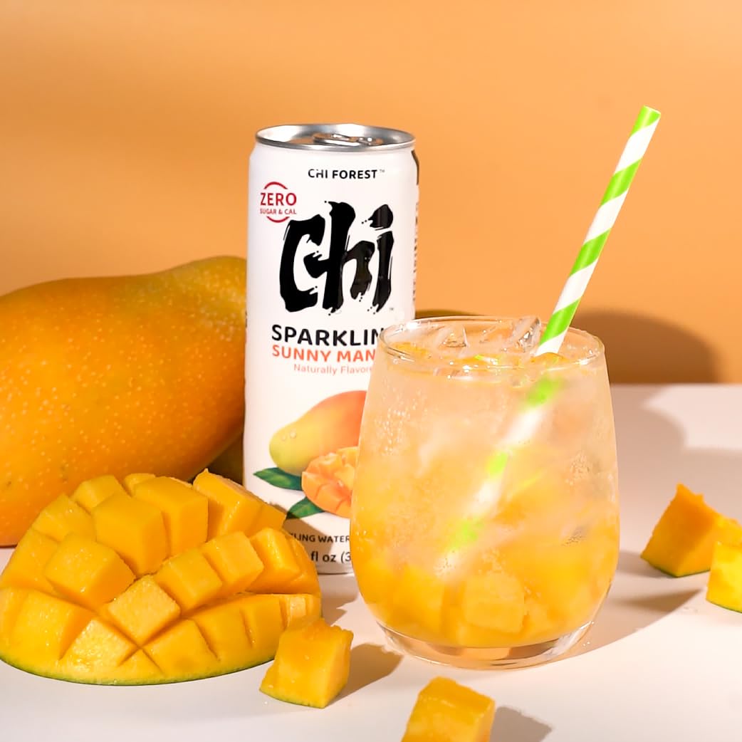 CHI FOREST Mango Sparkling Water: Zero Sugar, Zero Artificial Flavor, 11.16 fl oz Cans (24 Pack)