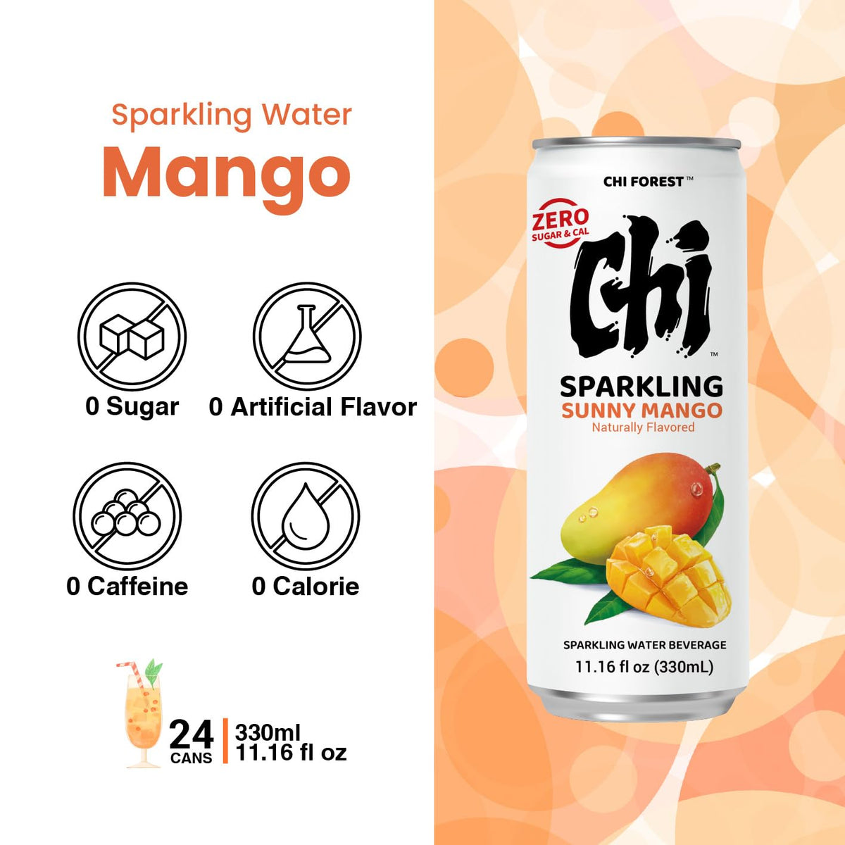 CHI FOREST Mango Sparkling Water: Zero Sugar, Zero Artificial Flavor, 11.16 fl oz Cans (24 Pack)
