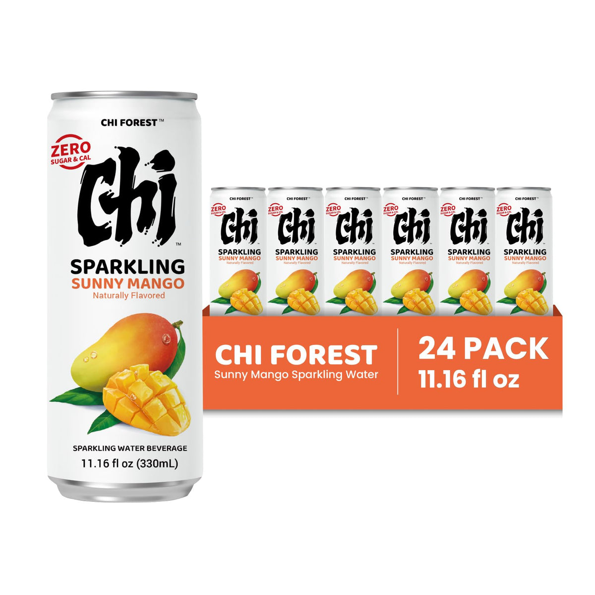 CHI FOREST Mango Sparkling Water: Zero Sugar, Zero Artificial Flavor, 11.16 fl oz Cans (24 Pack)