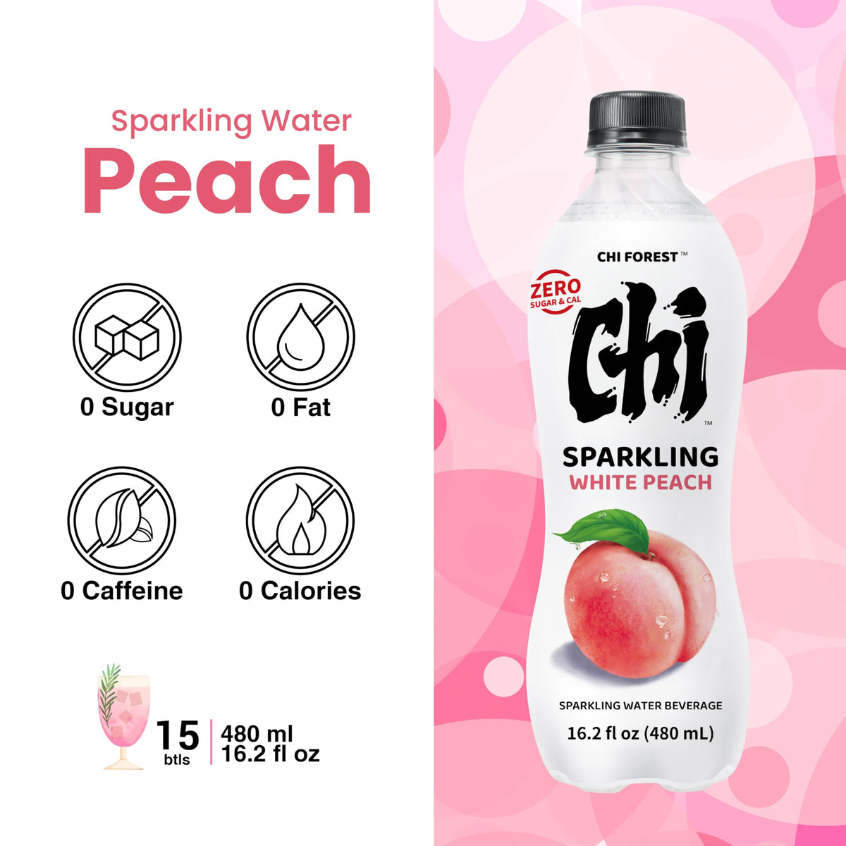 CHI FOREST White Peach Sparkling Water - Zero Sugar, 16.2 fl oz Bottles (Pack of 15)