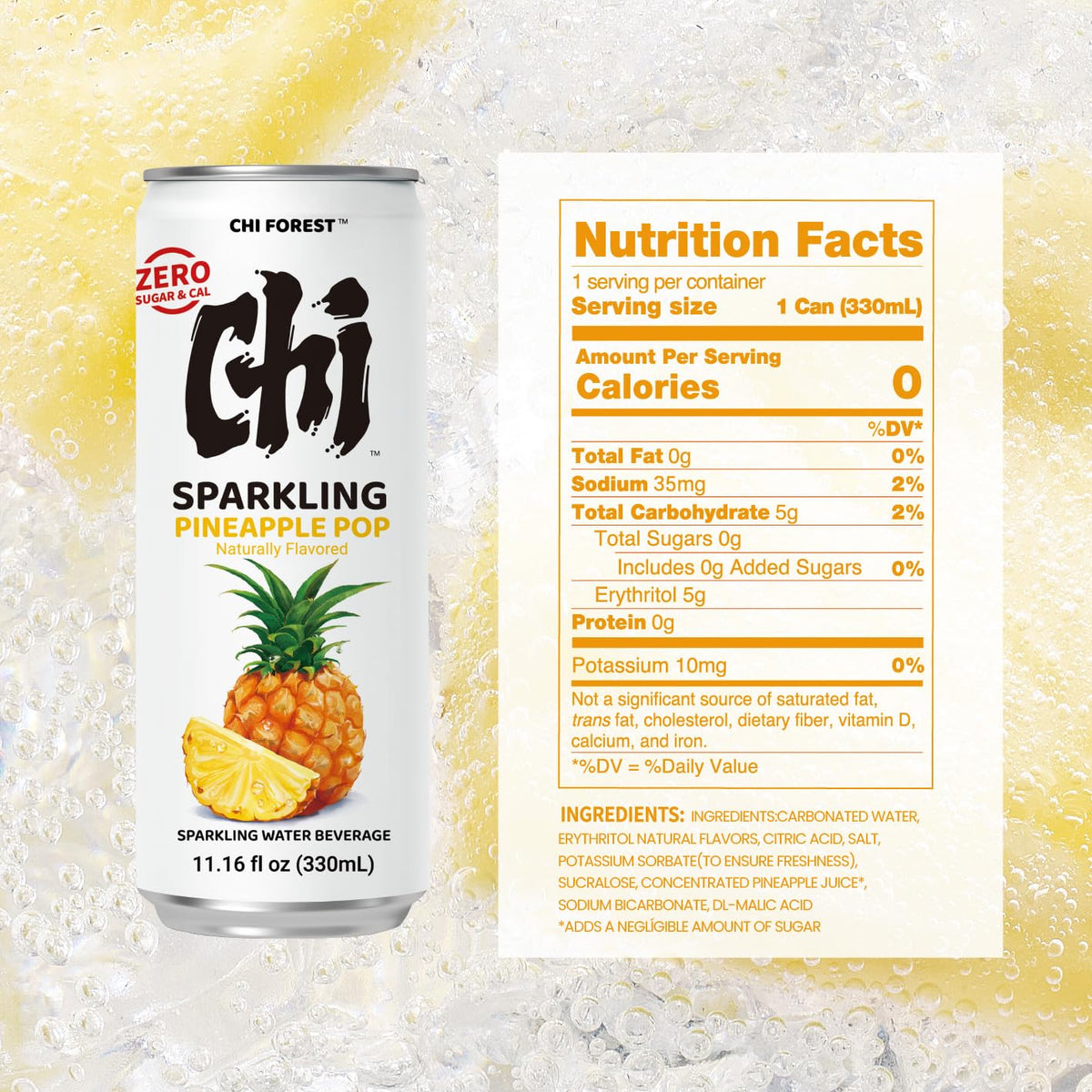 CHI FOREST Pineapple Sparkling Water – Zero Sugar, Zero Calories, 11.16 fl oz Cans (Pack of 24)
