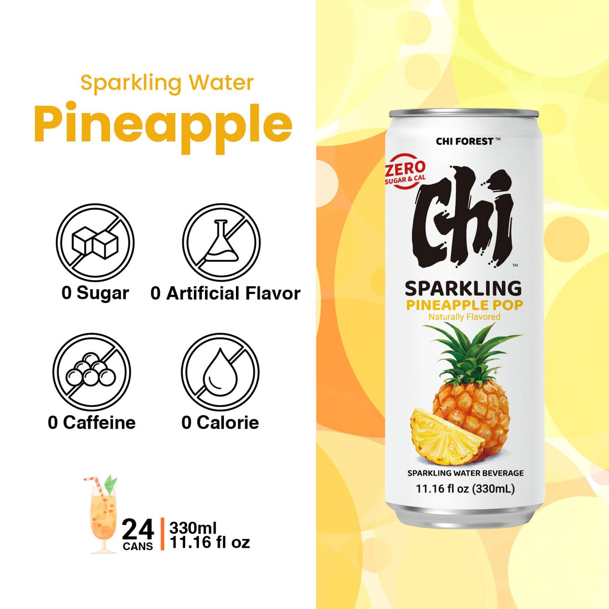 CHI FOREST Pineapple Sparkling Water – Zero Sugar, Zero Calories, 11.16 fl oz Cans (Pack of 24)