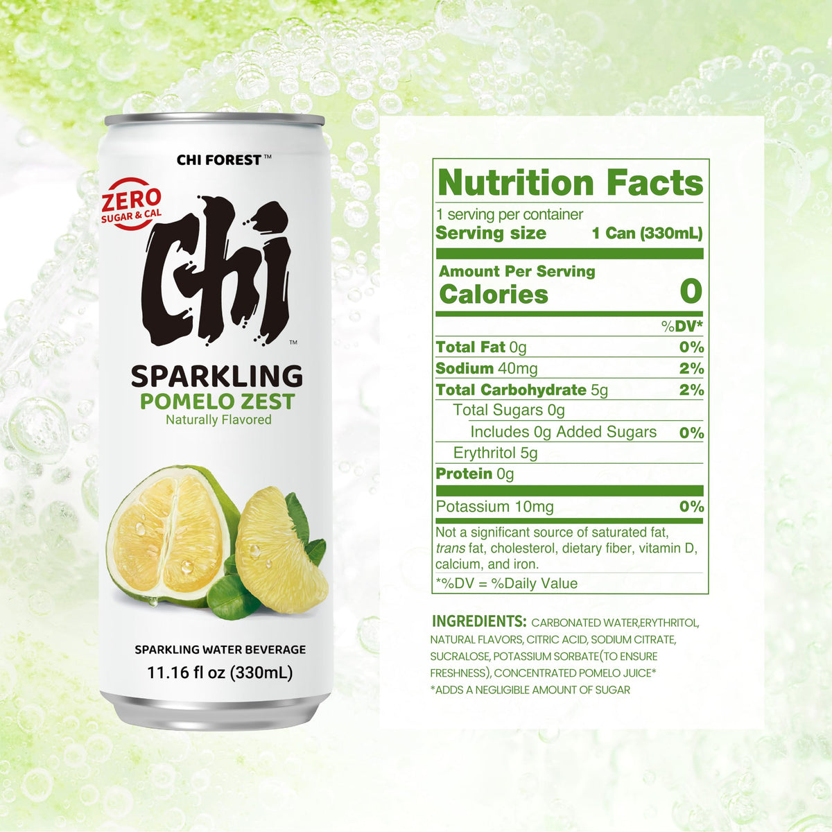 CHI FOREST Pomelo Sparkling Water - Zero Sugar, 11.16 oz Cans (Pack of 24)