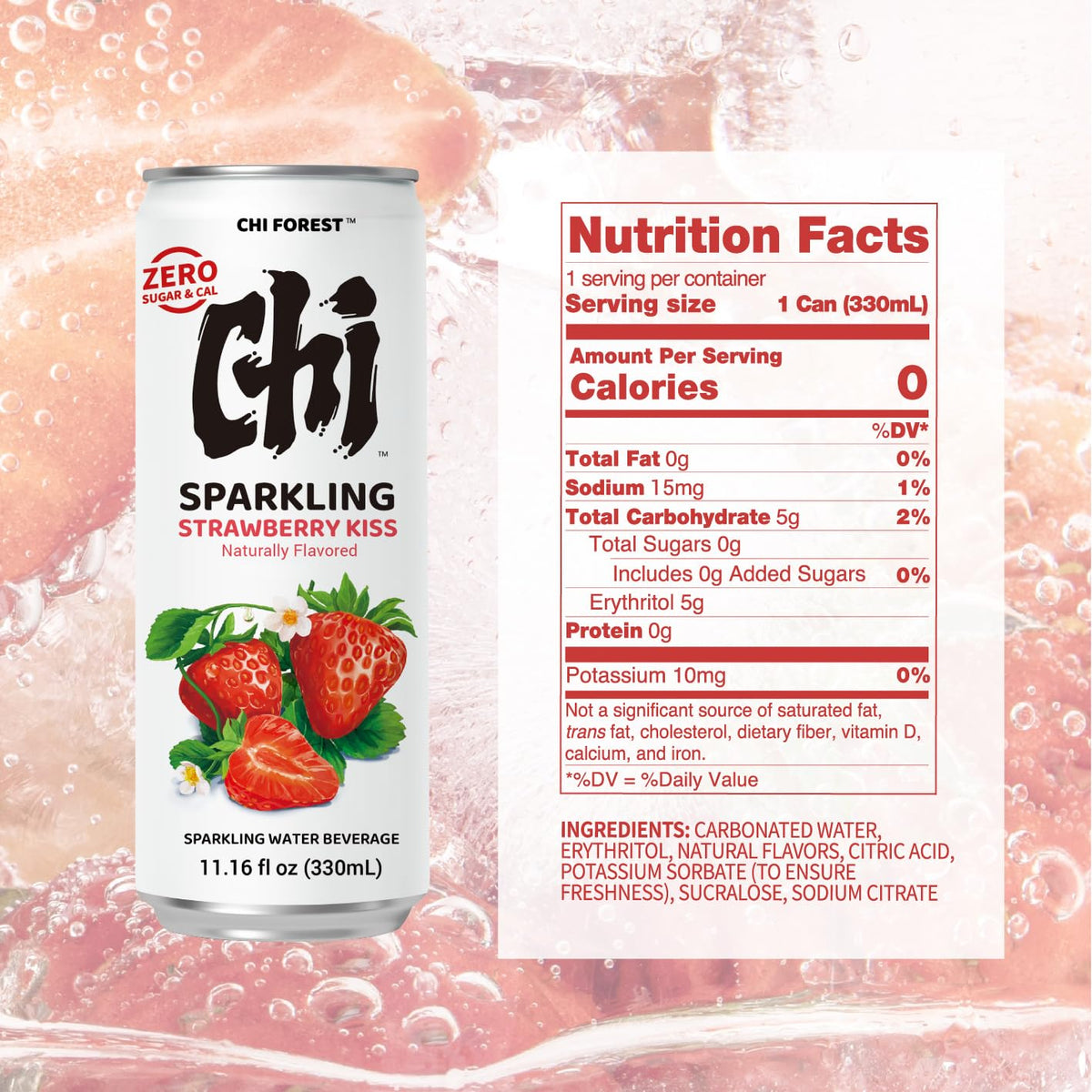 CHI FOREST Strawberry Sparkling Water — Seasonal Limited Flavor, Zero Sugar, 0 Cal, 11.16 oz Cans (Pack of 24)
