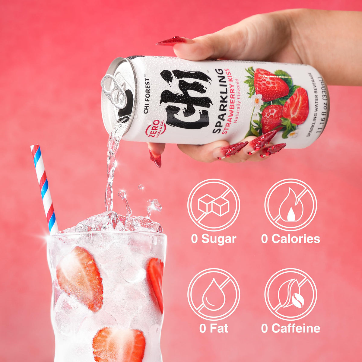 CHI FOREST Strawberry Sparkling Water — Seasonal Limited Flavor, Zero Sugar, 0 Cal, 11.16 oz Cans (Pack of 24)