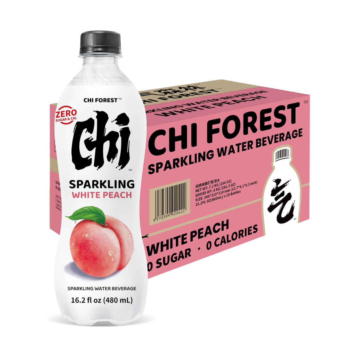 CHI FOREST White Peach Sparkling Water - Zero Sugar, 16.2 fl oz Bottles (Pack of 15)