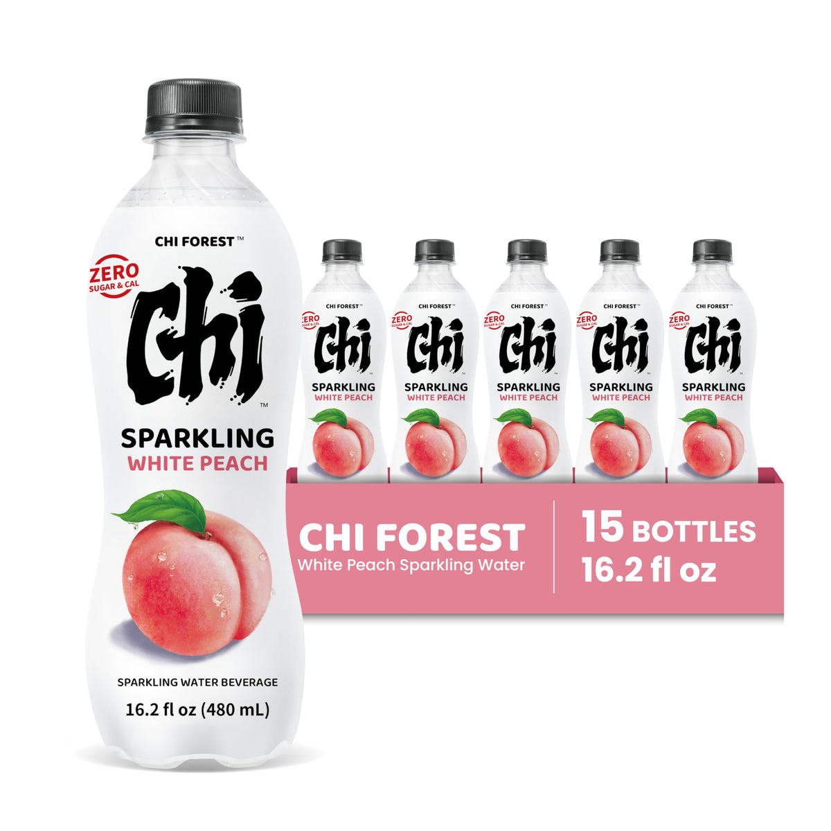 CHI FOREST White Peach Sparkling Water - Zero Sugar, 16.2 fl oz Bottles (Pack of 15)