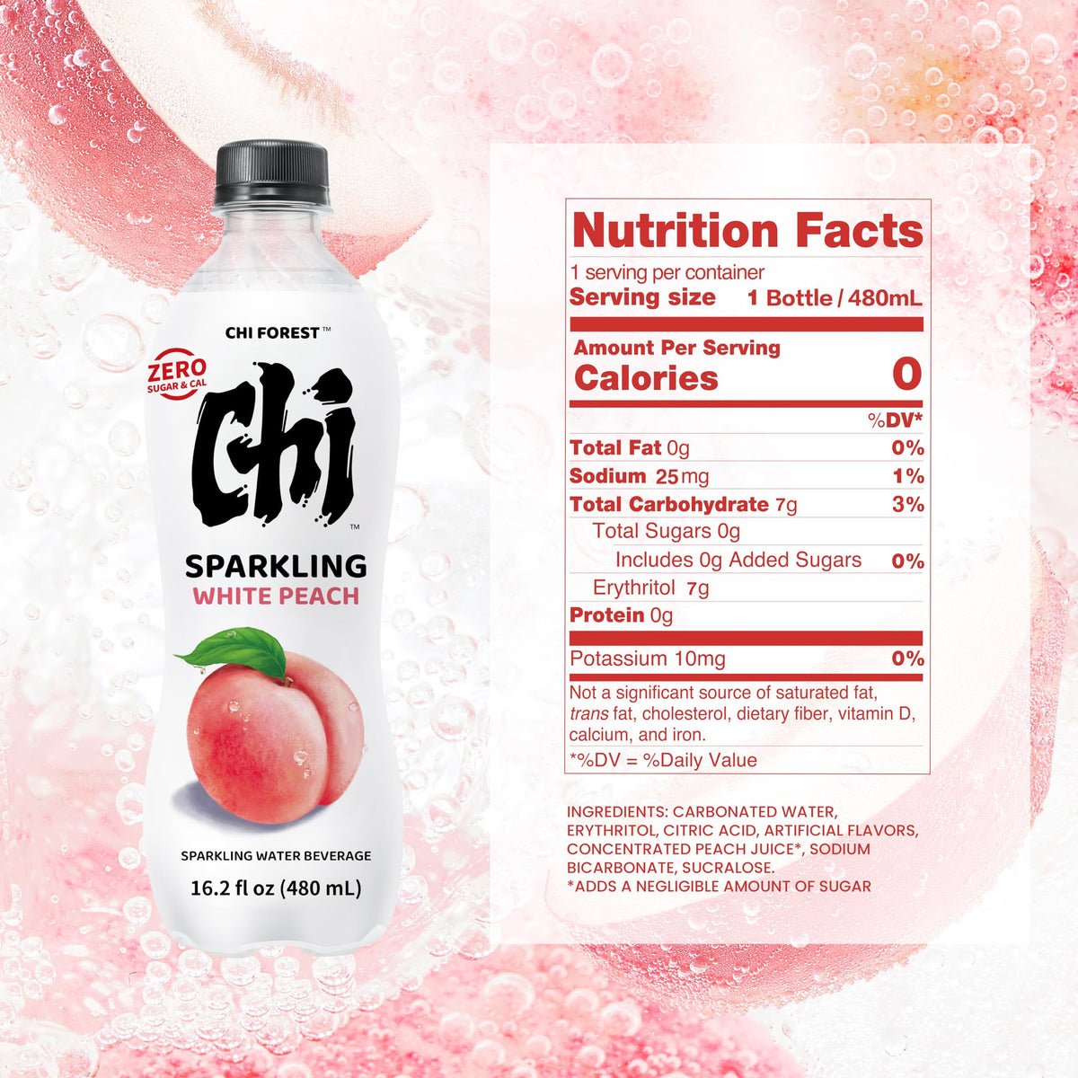 CHI FOREST White Peach Sparkling Water - Zero Sugar, 16.2 fl oz Bottles (Pack of 15)