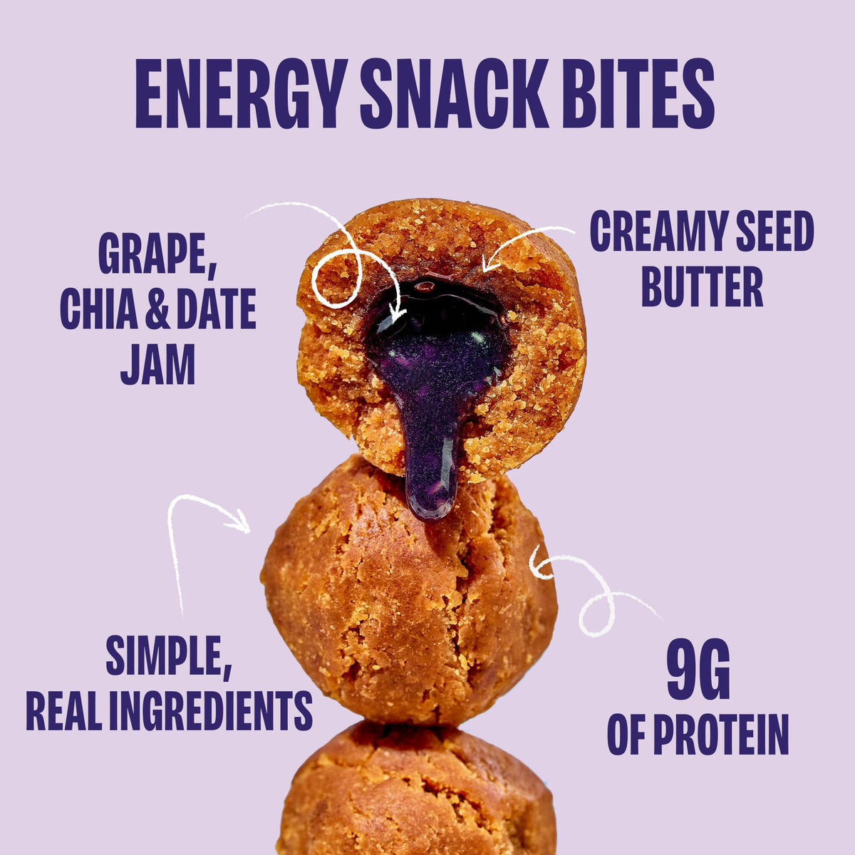 Chia Smash Grape Snack Bites To-Go – Gluten Free Vegan Nut Butter Balls with Superfood Jam (8 Packs)