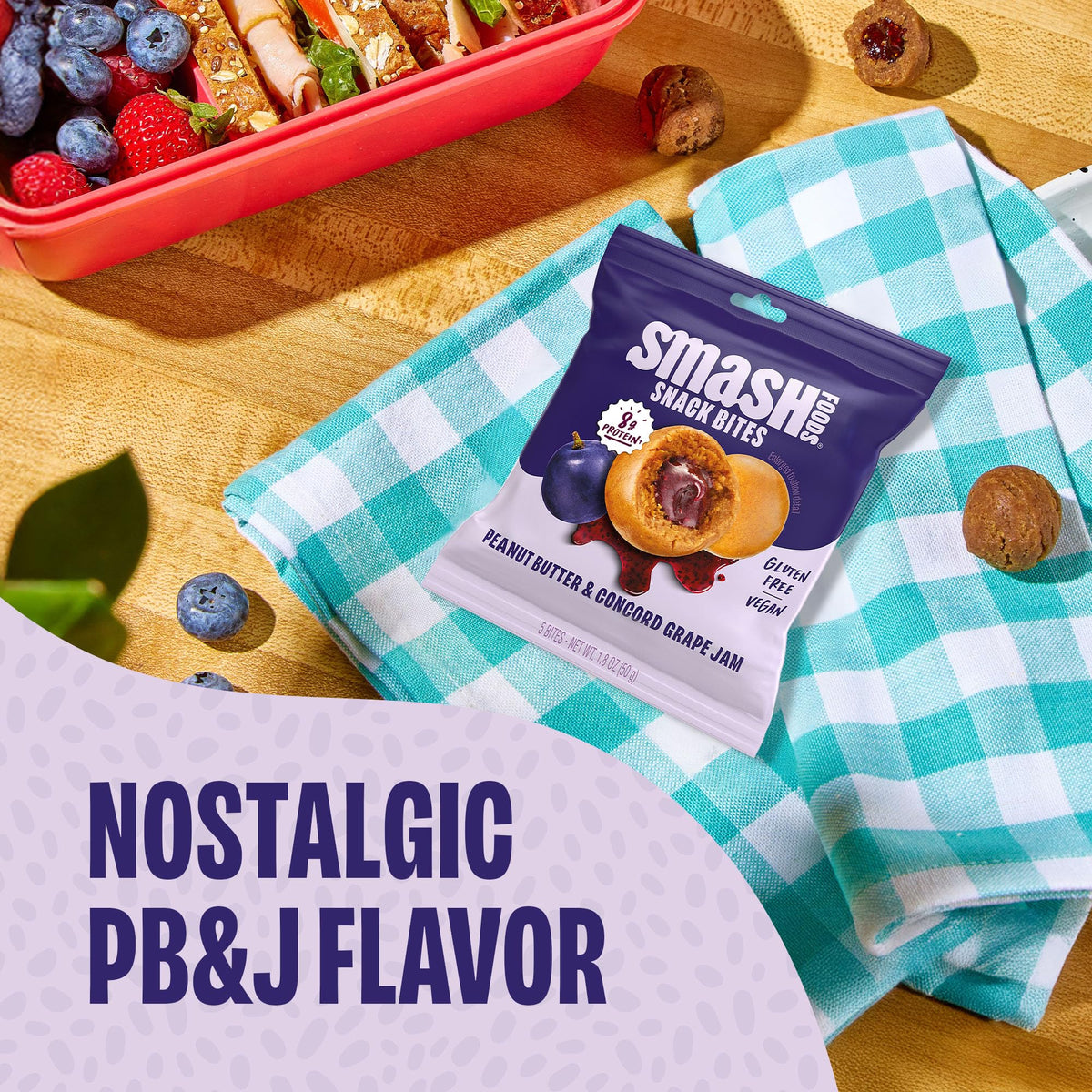 Chia Smash Grape Snack Bites To-Go – Gluten Free Vegan Nut Butter Balls with Superfood Jam (8 Packs)