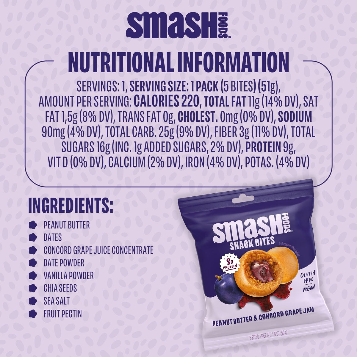 Chia Smash Grape Snack Bites To-Go – Gluten Free Vegan Nut Butter Balls with Superfood Jam (8 Packs)