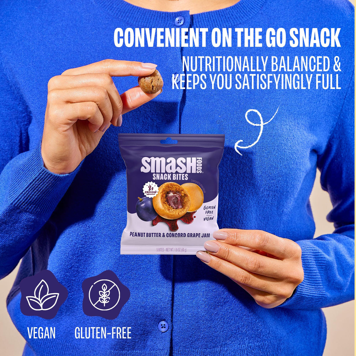Chia Smash Grape Snack Bites To-Go – Gluten Free Vegan Nut Butter Balls with Superfood Jam (8 Packs)